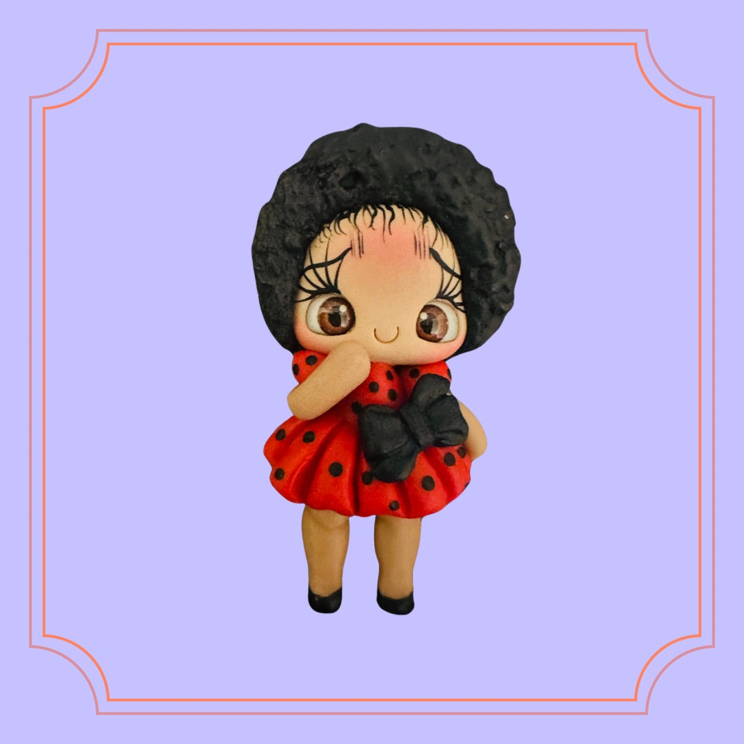 Curly Hair with Red Dress Clay Doll