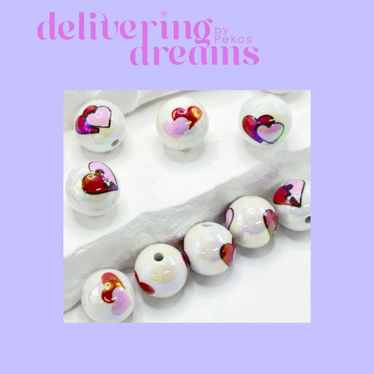 UV FinishPink & Red Hearts Love White Round Acrilic Beads - 16MM - Paquete de 10