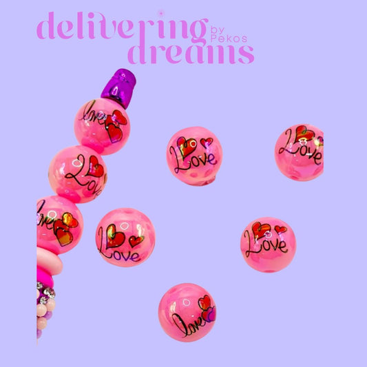 Pink Red Heart Love Valentines Round Acrilic Beads 16MM - Paquete de 10