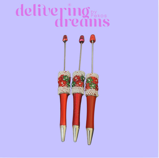 Red & Green Small Flower with Clear Rhinestone Inside White Pearl Beadable Pen