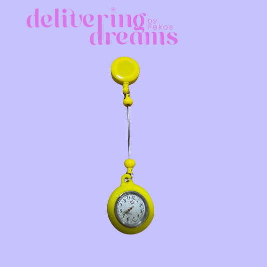 Beaded Retractable Badge Holder Reel & Mini Round Pocket Clock (Incluye batería para el reloj)