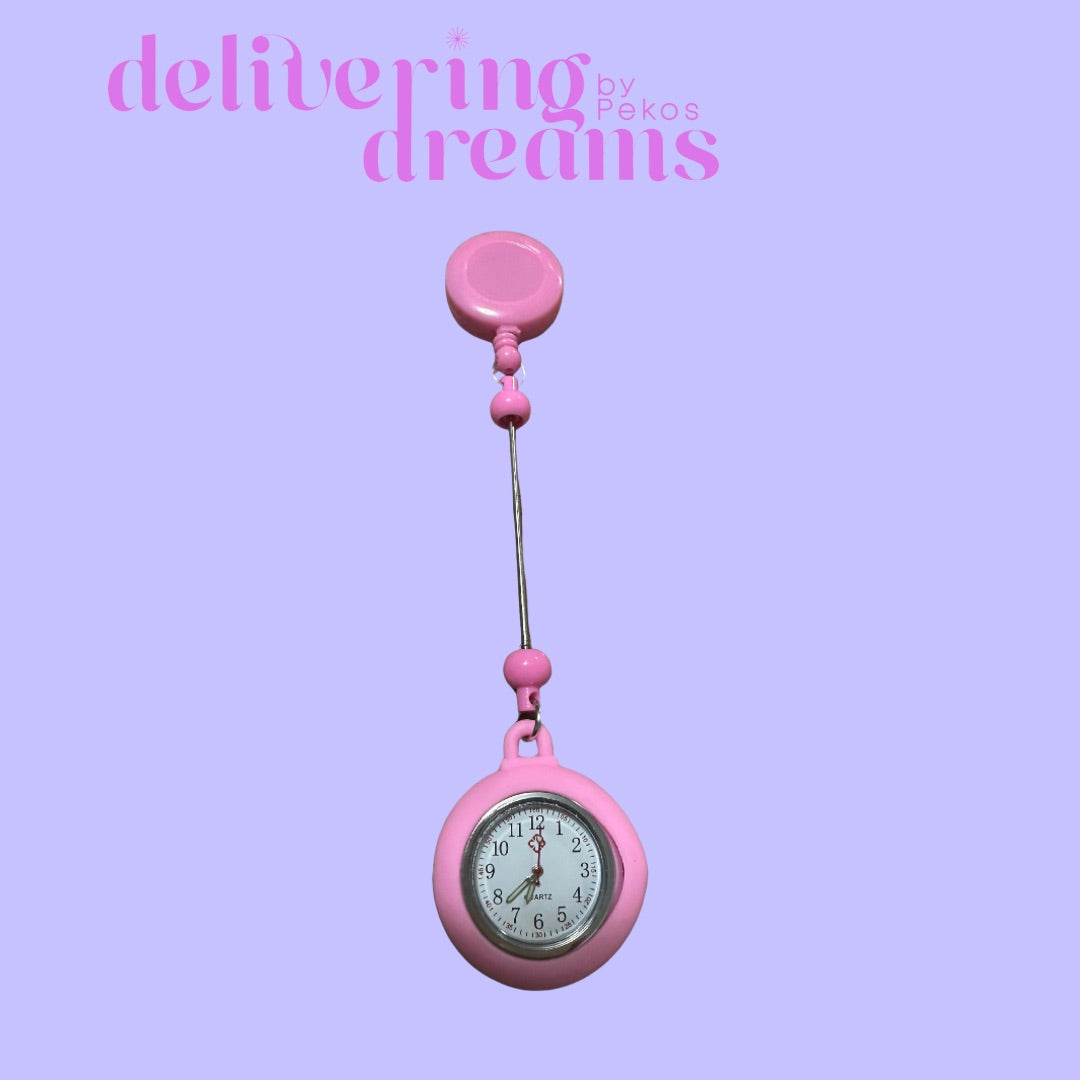 Beaded Retractable Badge Holder Reel & Mini Round Pocket Clock (Incluye batería para el reloj)