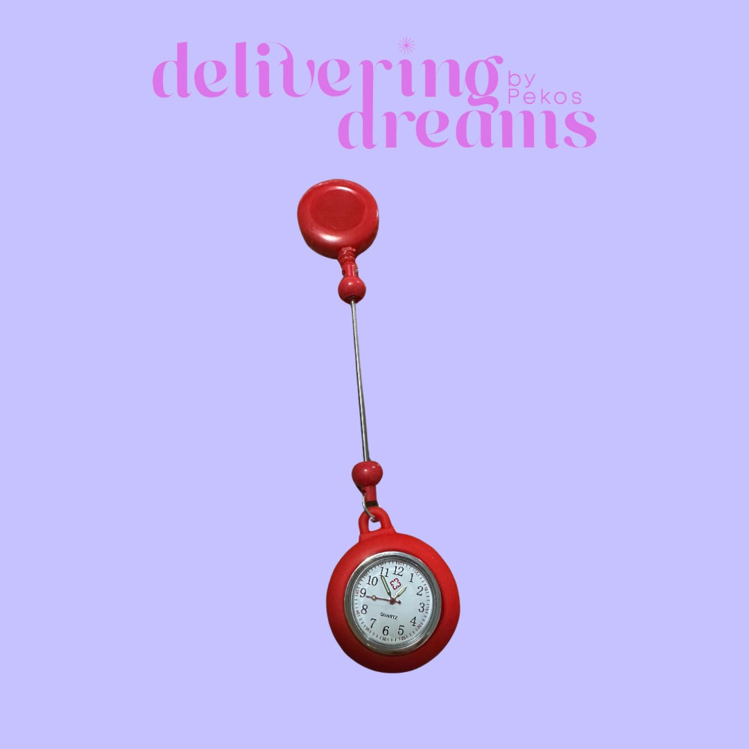 Beaded Retractable Badge Holder Reel & Mini Round Pocket Clock (Incluye batería para el reloj)