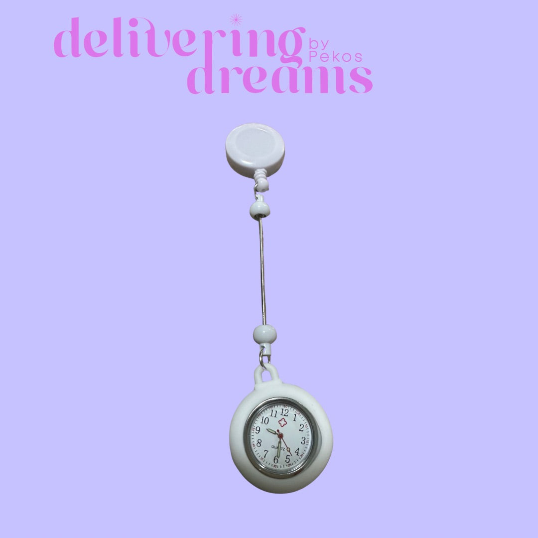Beaded Retractable Badge Holder Reel & Mini Round Pocket Clock (Incluye batería para el reloj)