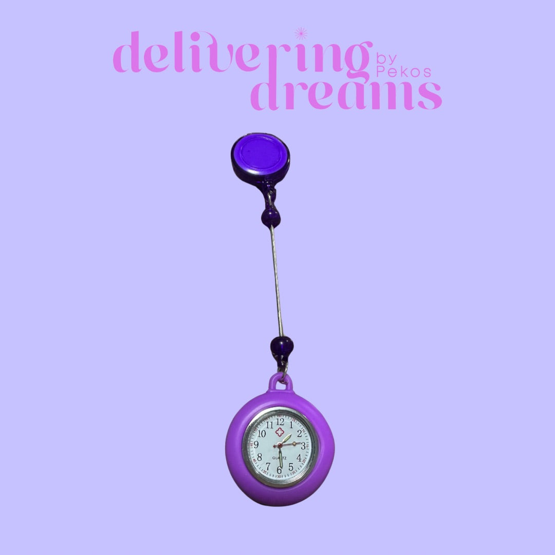 Beaded Retractable Badge Holder Reel & Mini Round Pocket Clock (Incluye batería para el reloj)