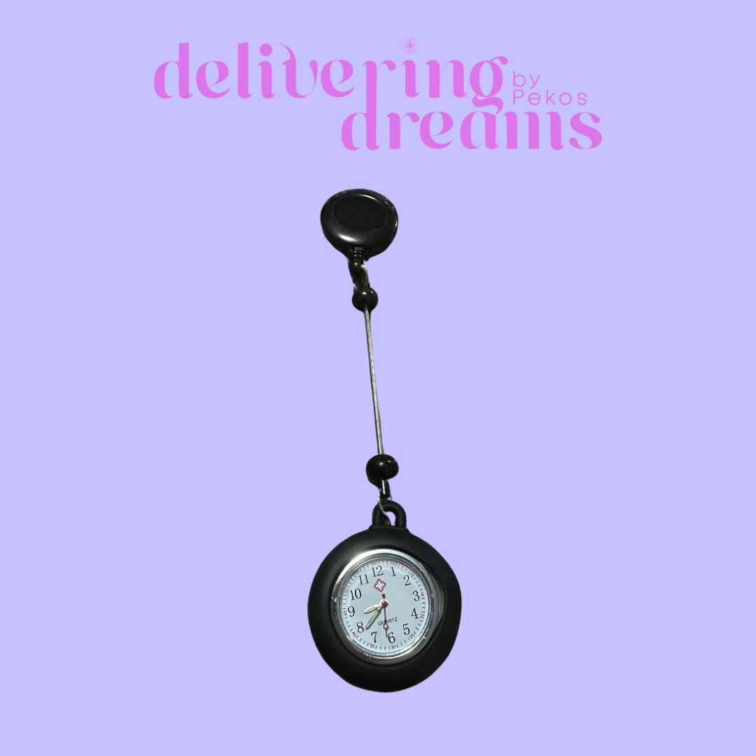 Beaded Retractable Badge Holder Reel & Mini Round Pocket Clock (Incluye batería para el reloj)