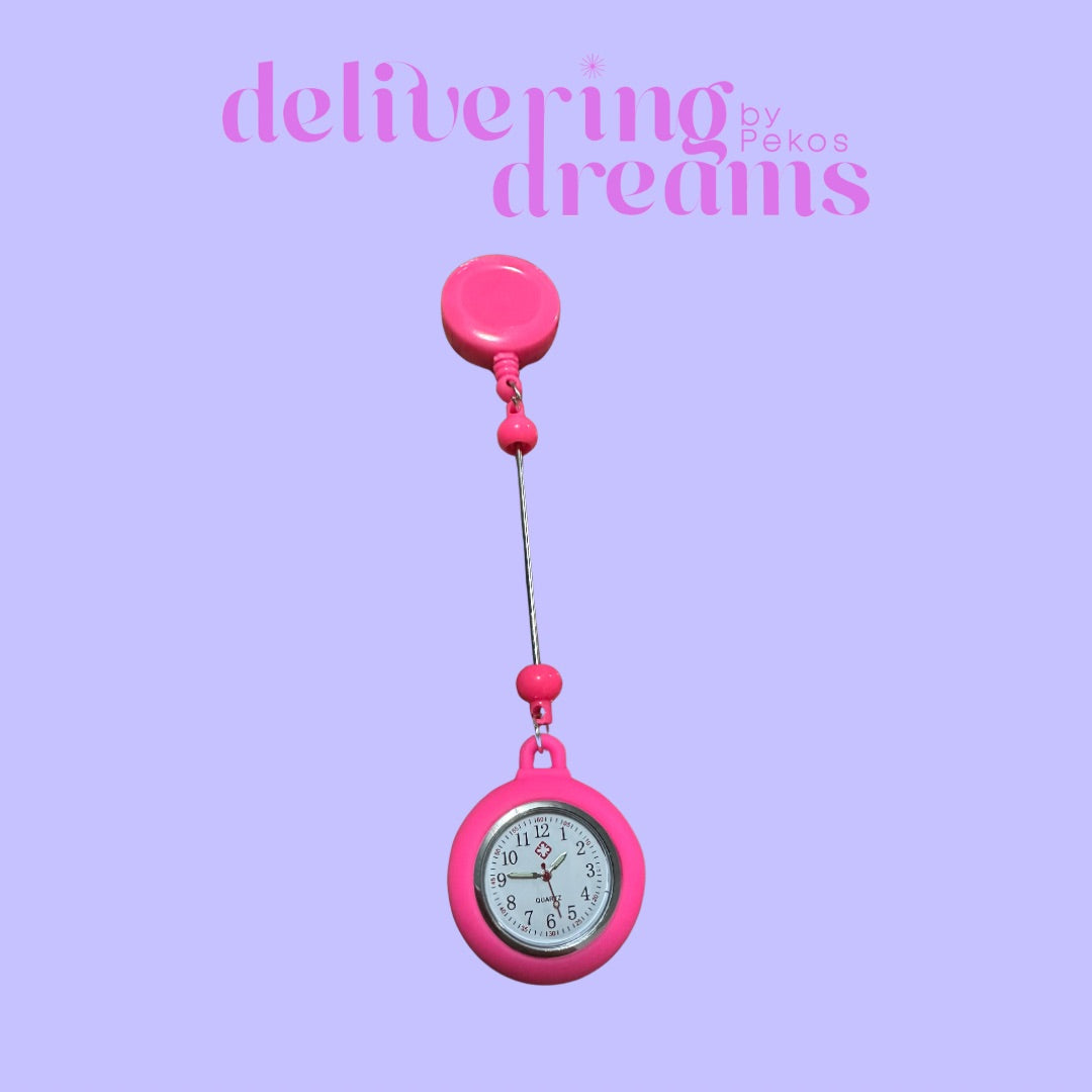 Beaded Retractable Badge Holder Reel & Mini Round Pocket Clock (Incluye batería para el reloj)