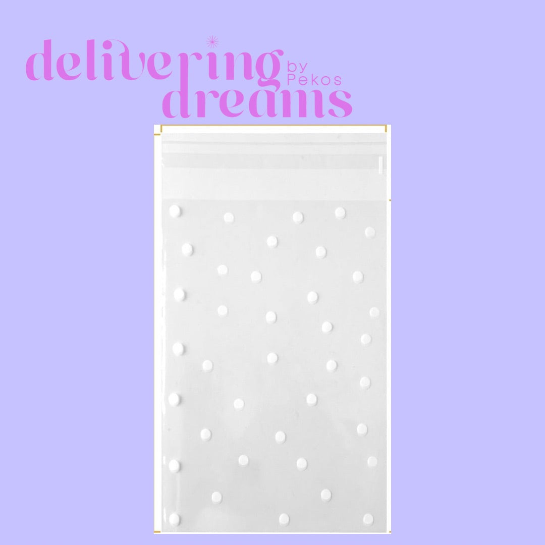 White Polka Dots Clear Cellophane Bags - 4 x 6” - Paquete de 10