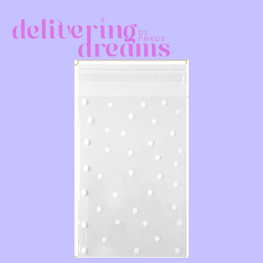 White Polka Dots Clear Cellophane Bags - 4 x 6” - Paquete de 10