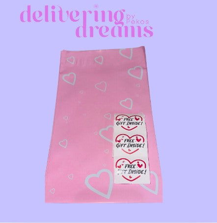 Set de 10 bolsas envío 6 x 9 & 10 Stickers (Pink & White Hearts)