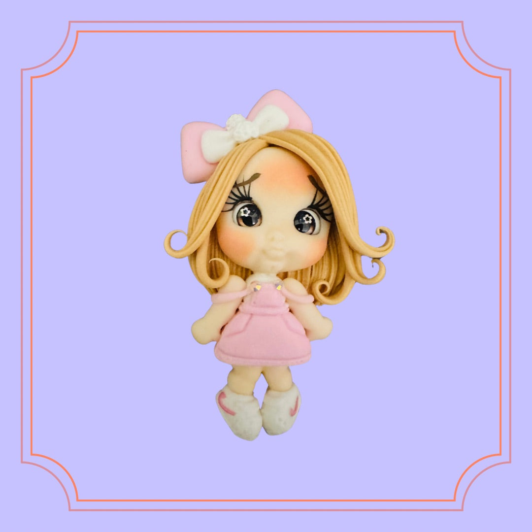 Pink Ribbon Blonde Clay Doll