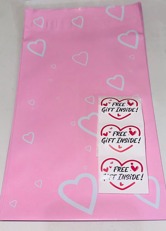 Set de 10 bolsas envío 6 x 9 & 10 Stickers (Pink & White Hearts)