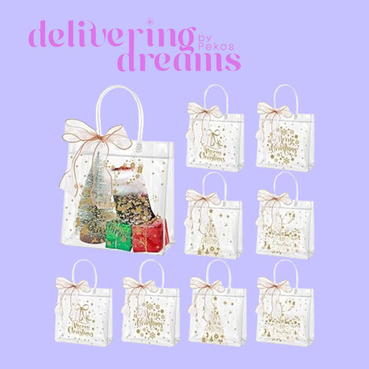 Bolsas de PVC con asas y cinta de Navidad (Gold Christmas) Tamaño 7.8 x 7.8 x 3.1- Paquete de 4 bolsitas (Diseños diferentes)