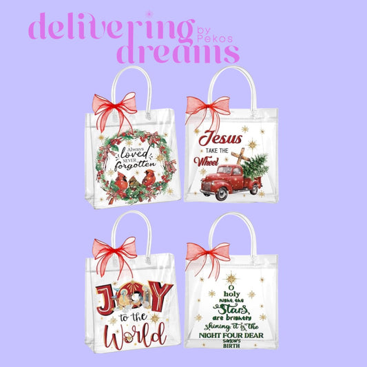 Bolsas de PVC con asas y cinta de Navidad (Jesús) Tamaño 7.8 x 7.8 x 3.1- Paquete de 4 bolsitas (Diseños diferentes)