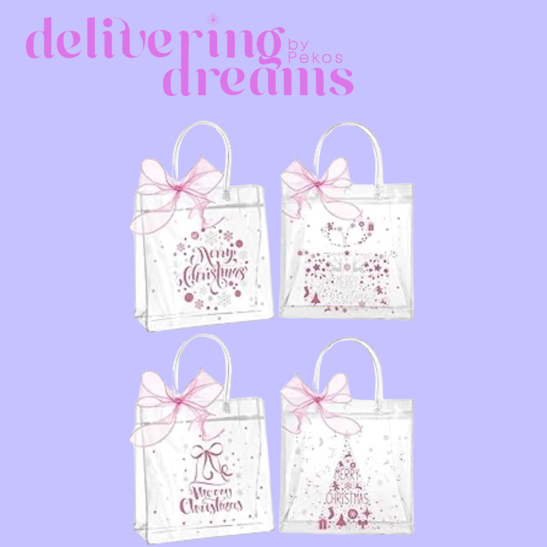 Bolsas de PVC con asas y cinta de Navidad (Navidad Rosa) Tamaño 7.8 x 7.8 x 3.1- Paquete de 4 bolsitas (Diseños diferentes)