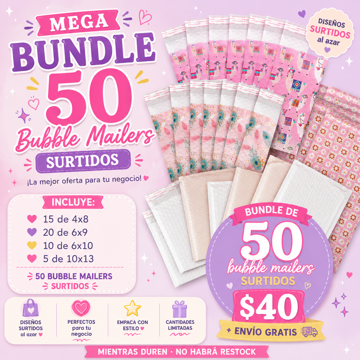 Bubble Mailers Bundle Deal (Paquete de 50 bubble mailers surtidos)