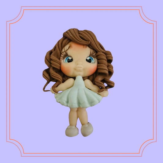 Brown Curly with Blue Dress Clay Doll