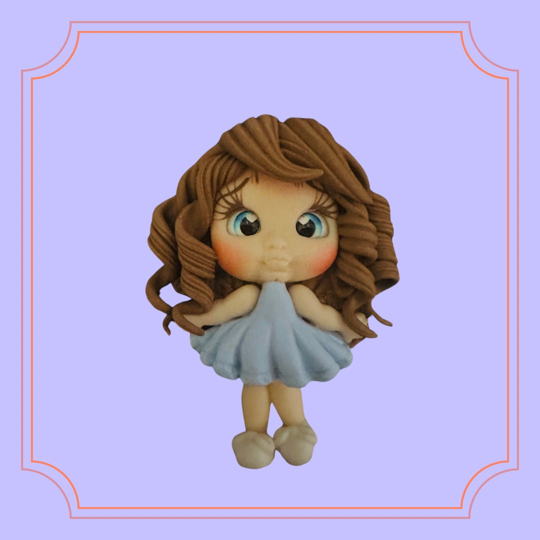 Curly Brown Hair with Baby Blue Dress Clay Doll