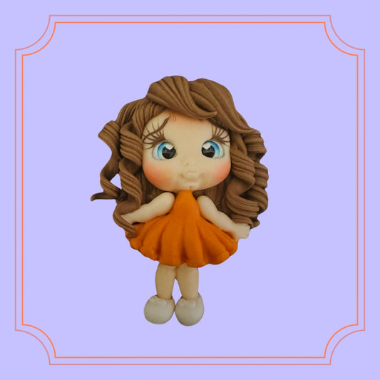 Brown Curly with Orange Dress Clay Doll